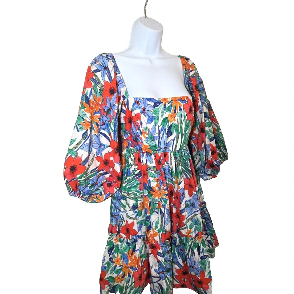 Cara Cara Sip Sip Garden Print Colorful Puff Sleeve Floral Mini Dress‎ Ruffle S